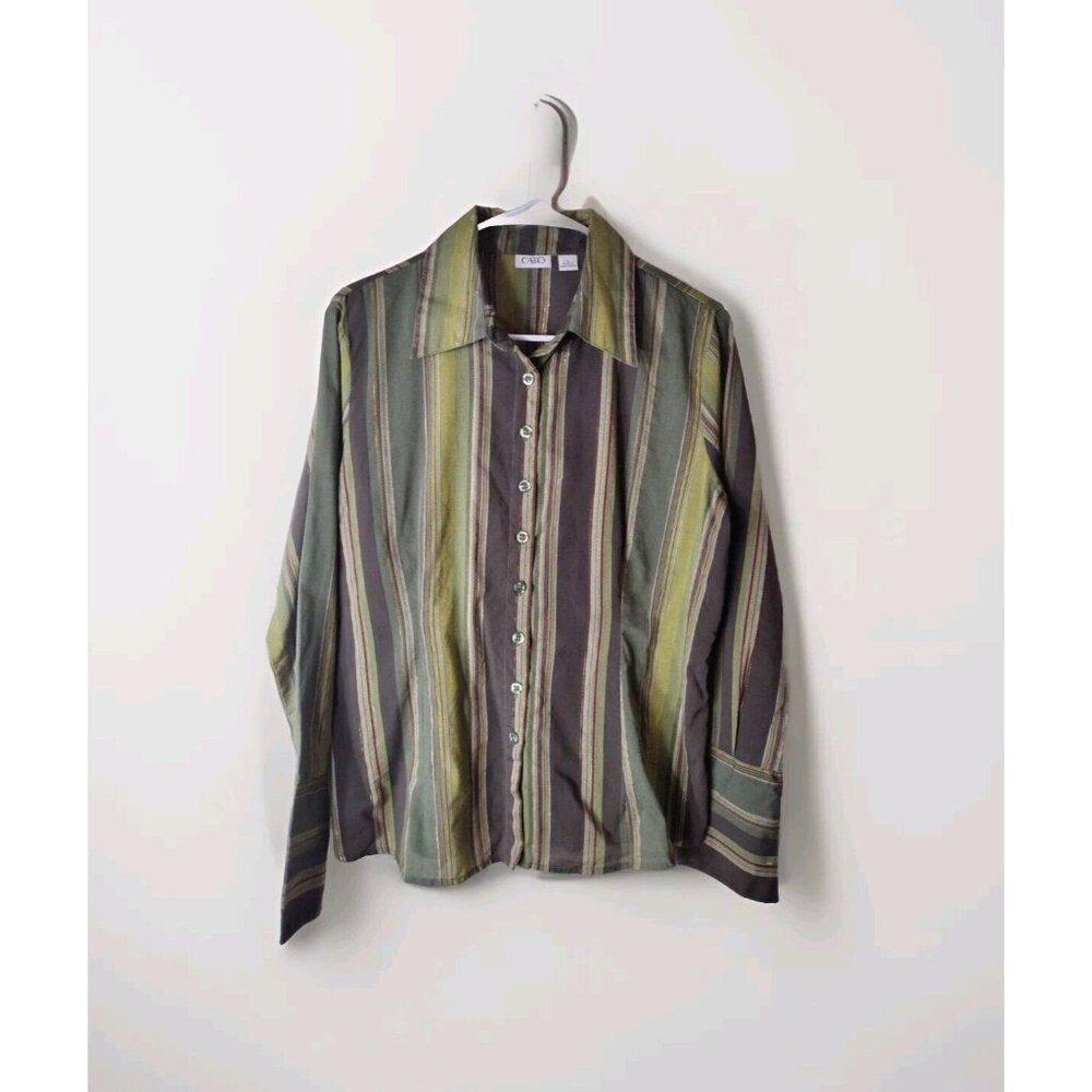 Cato Top Large Button Up Striped Long Sleeve Metallic 80s Holiday Sparkle